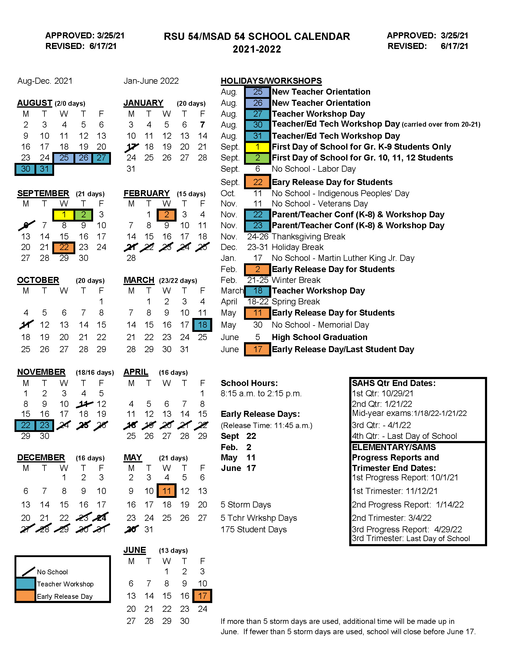 Calendar  RSU/MSAD 54