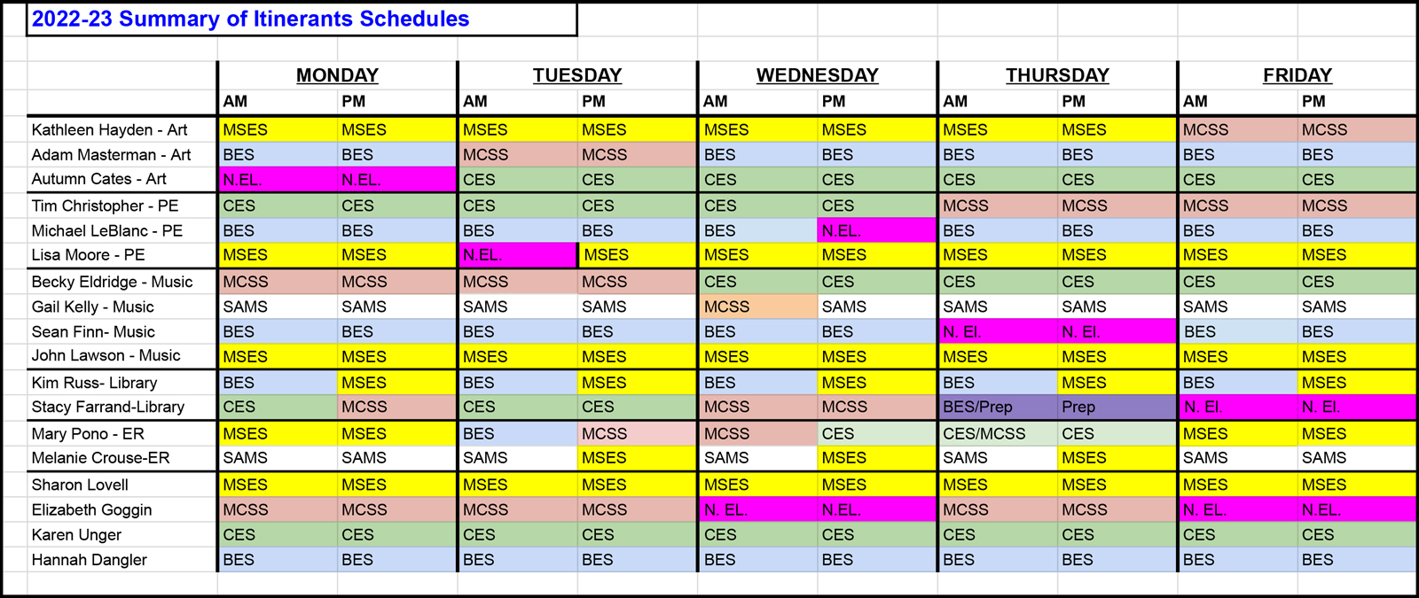 Itinerant Schedule