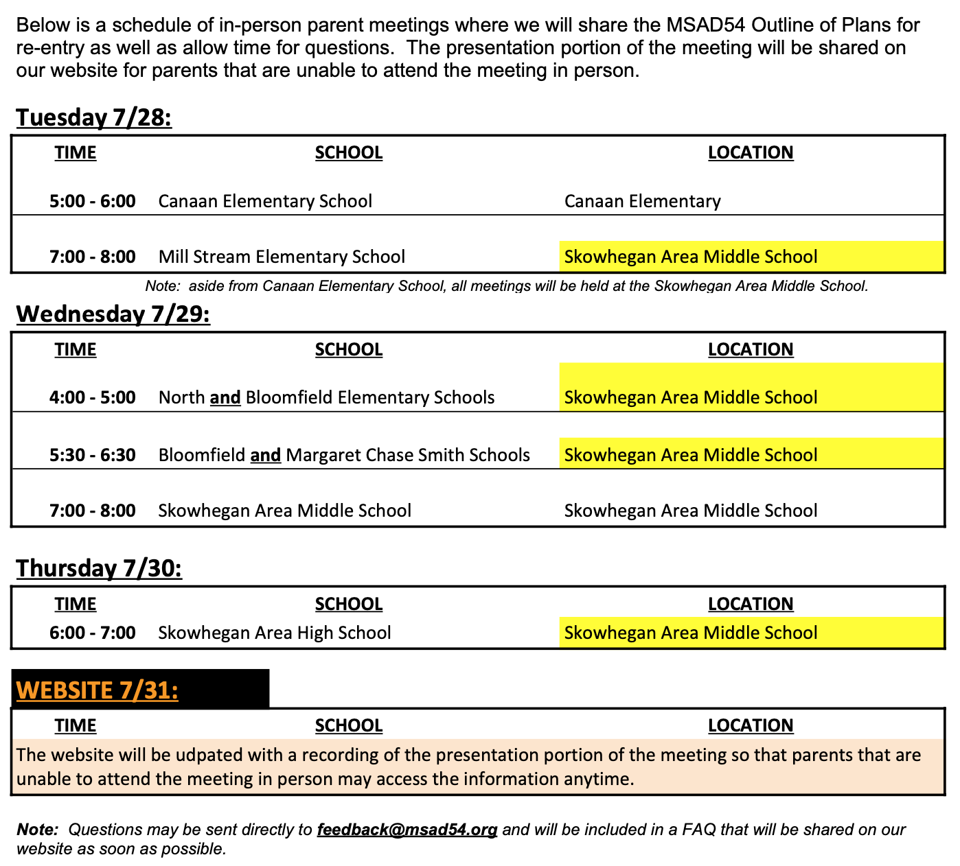 parent meeting schedule